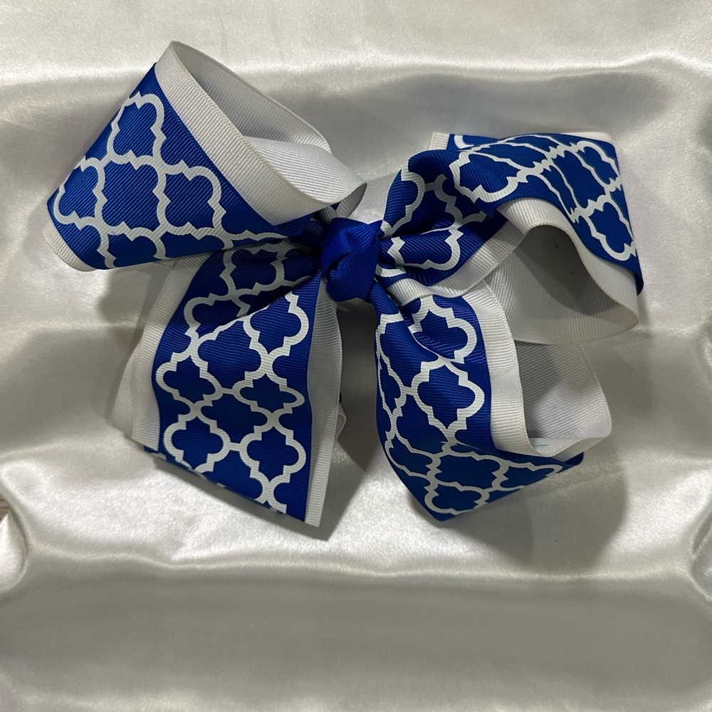 Mega Hair Bow. Royal Blue & White Patterned Grosgrain